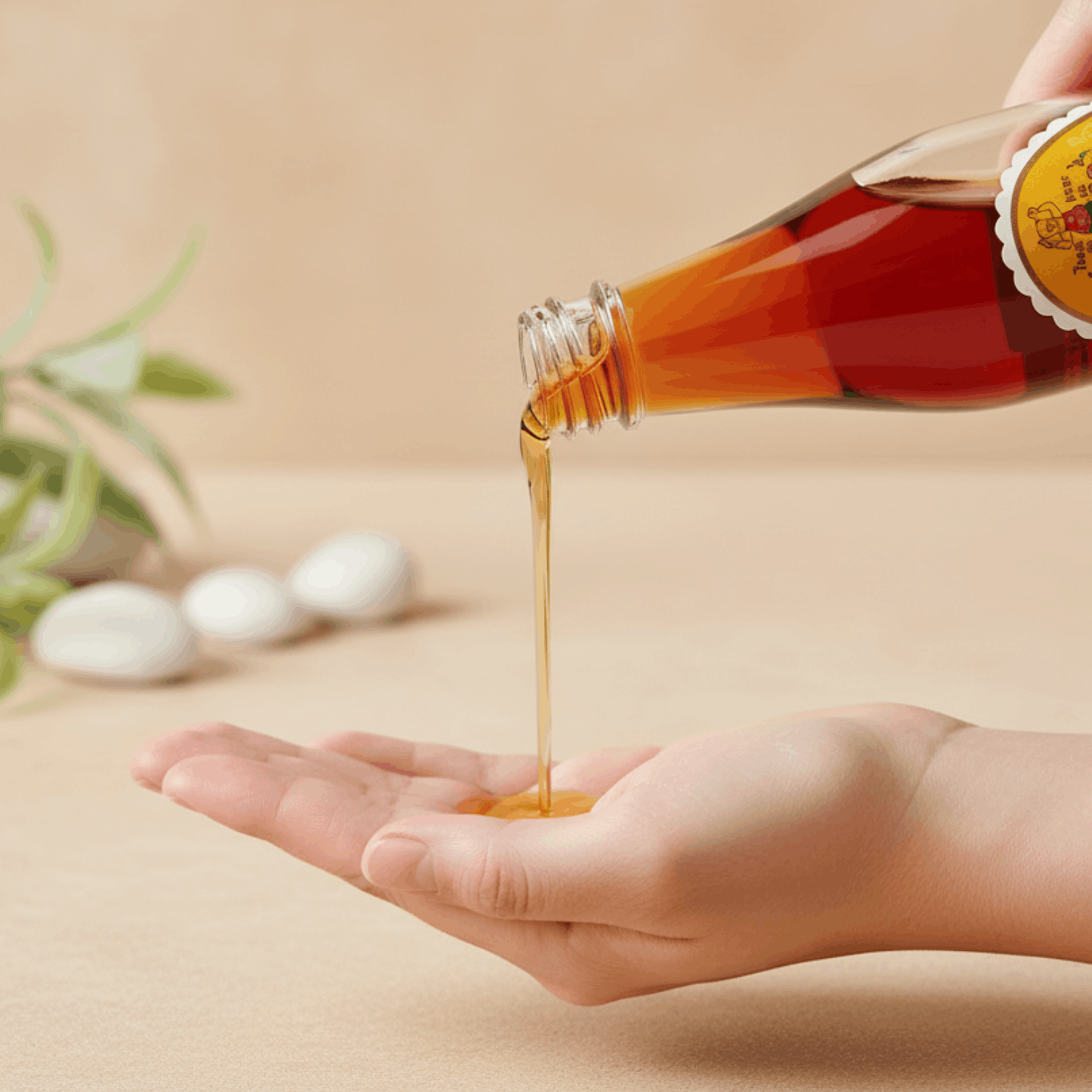A hand holding an open palm while a bottle of Po Sum On Herbal Oil pours out, in a thin stream. The background is a soft beige with blurred white stones and green leaves.