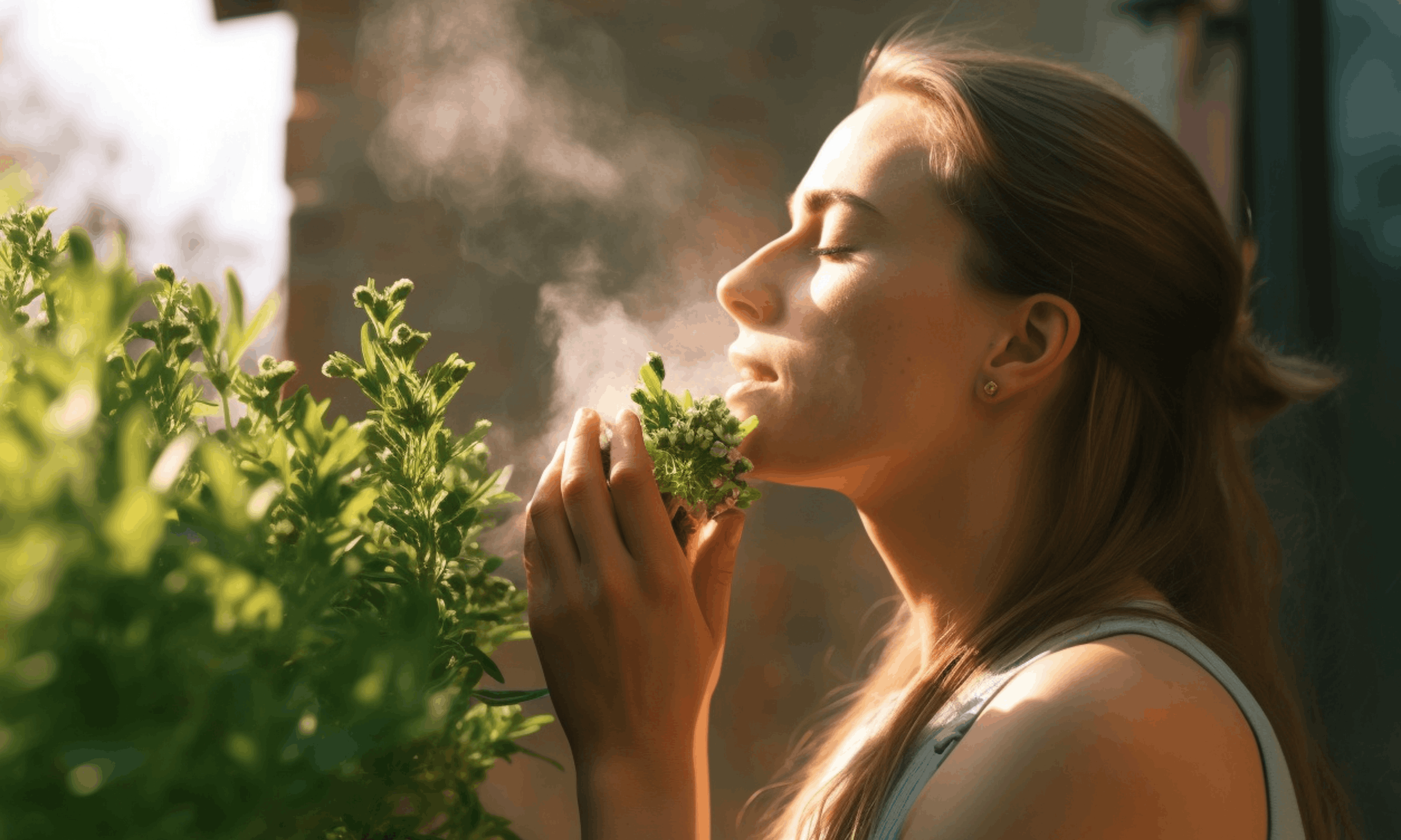 Girl Smelling Natural Herbs Scent