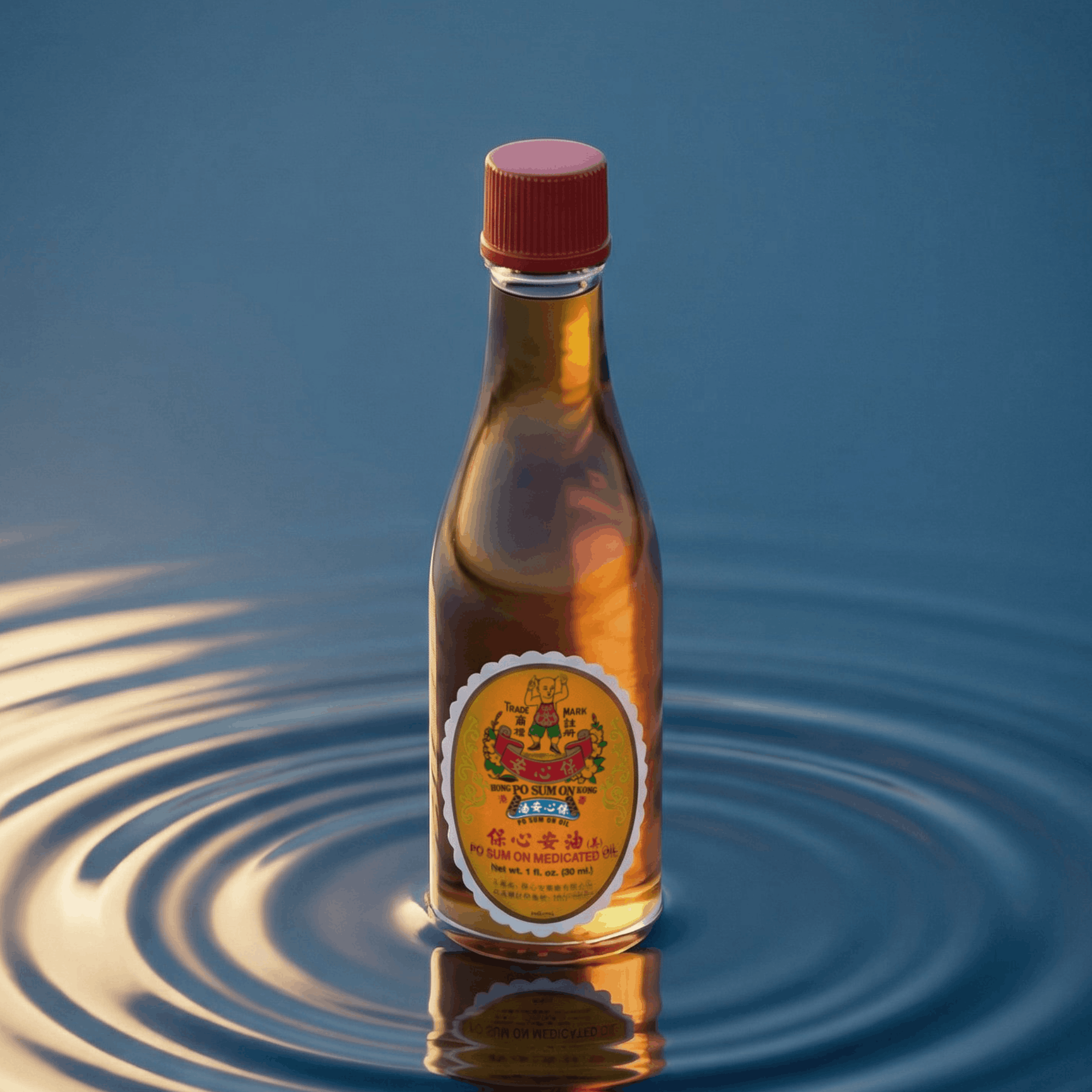 Po Sum On Oil bottle on a shallow water with ripples